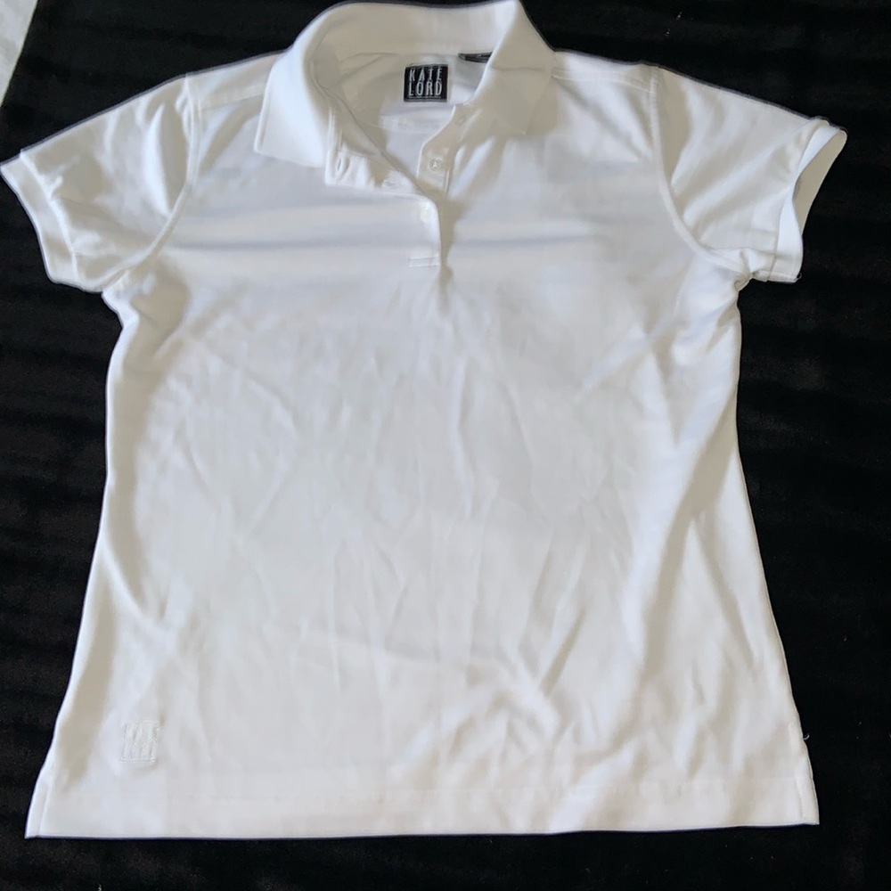 KATE LORD breathable athletic fabric polo shirt size medium white cap sleeves M